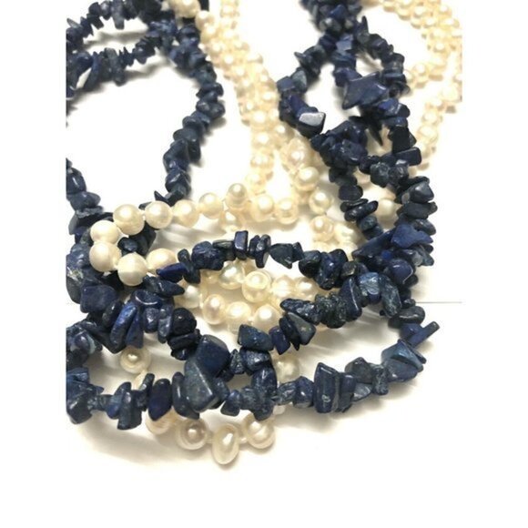 Lapis Lazuli Freshwater Pearls Multi Strand Beaded Necklace 26” Vintage - Picture 5 of 7